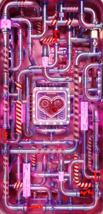 Futuristic heart among vibrant pink pipes on wallpaper.