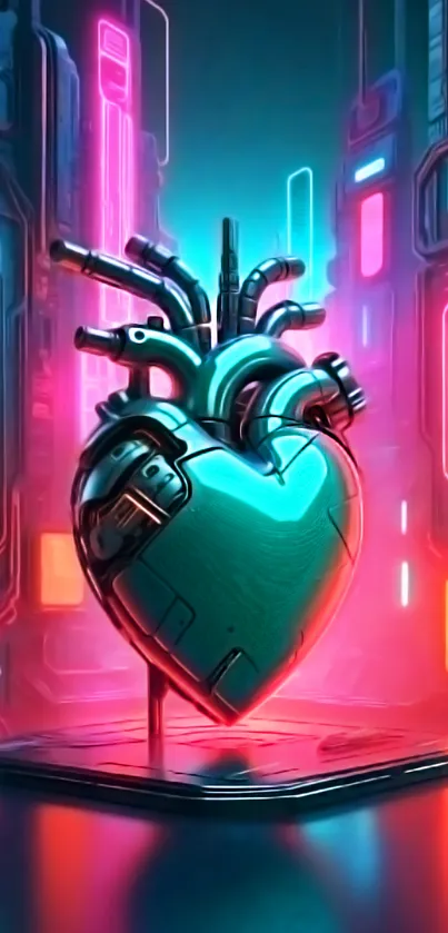 Futuristic heart shaped artwork in a neon cyberpunk city.