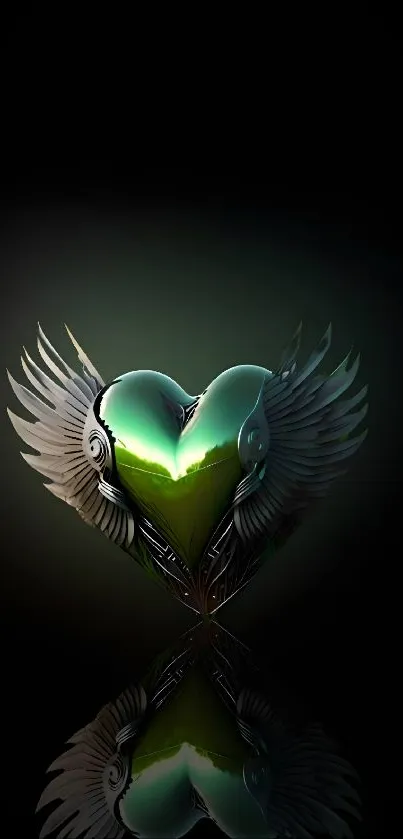 Futuristic heart with metallic wings and a green glow against a black background.