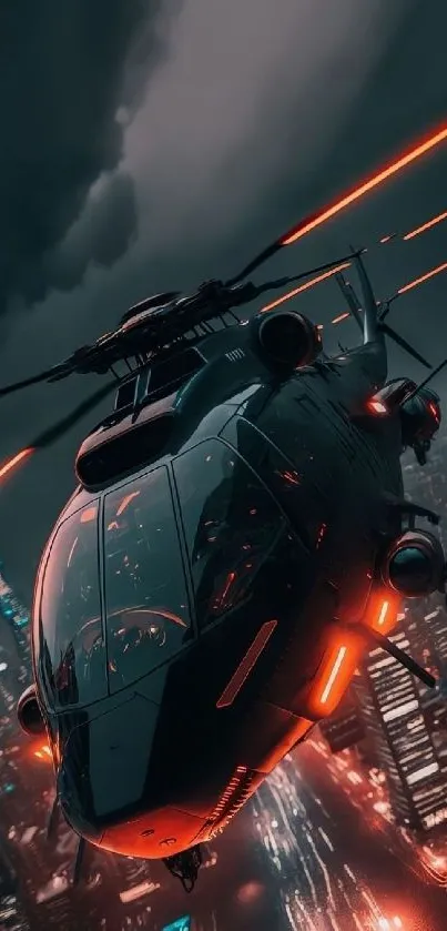 Futuristic helicopter flies over a cityscape with neon lights under stormy skies.