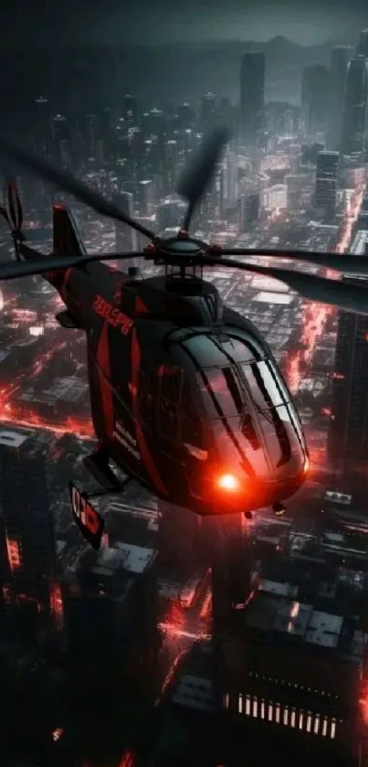 Futuristic helicopter flying over a neon-lit city skyline at night.