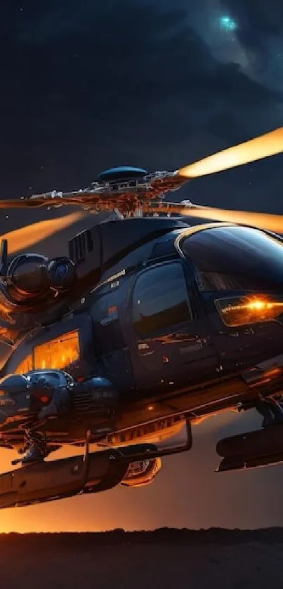 Futuristic helicopter flying against a dark night sky with orange highlights.