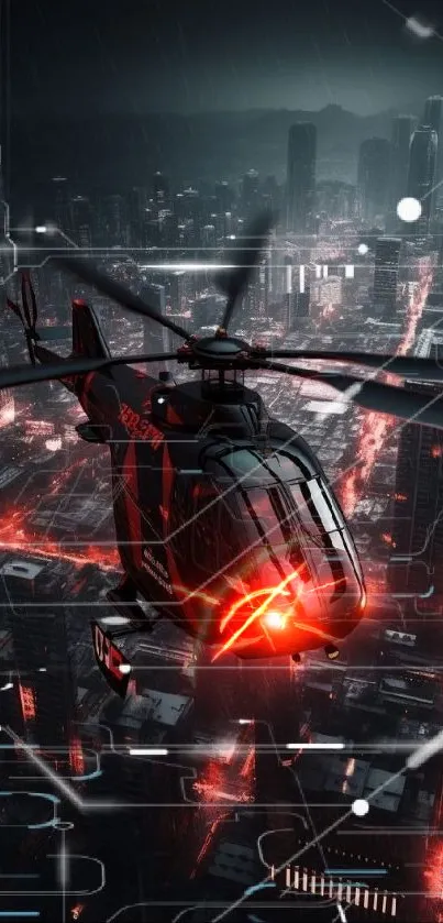 Futuristic helicopter flies over a neon cityscape at night.