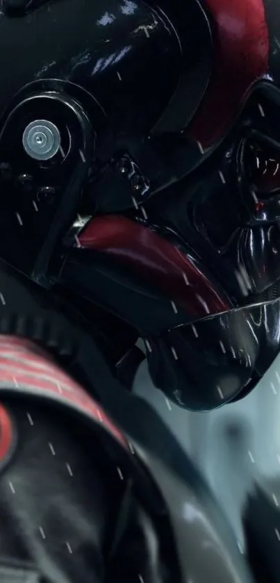 Futuristic helmet in dark red and black design.