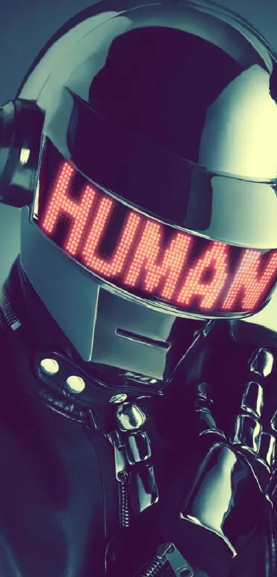 Futuristic helmet with neon text reading 'Human'.