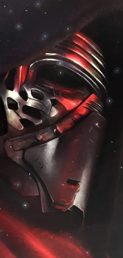 Futuristic helmet design with metallic and red accents on dark background.