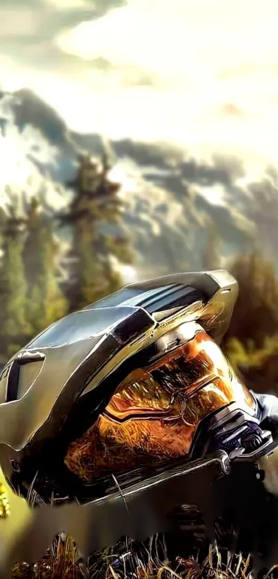 Futuristic helmet in mountain landscape, mobile wallpaper.