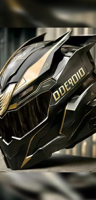 Sleek black and gold futuristic helmet design.