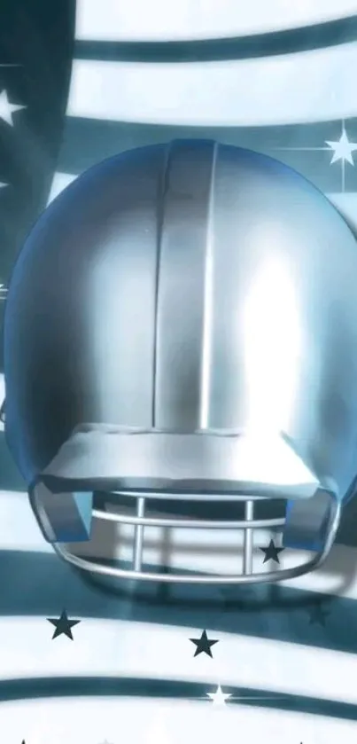 Metallic helmet on blue and white starry background.