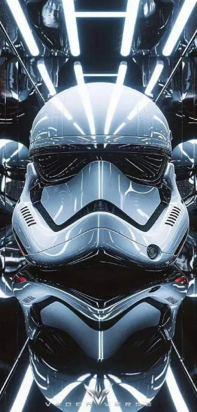 Futuristic stormtrooper helmet with reflections.