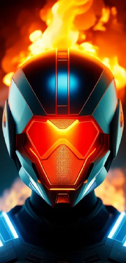 Futuristic helmet with orange flames background.