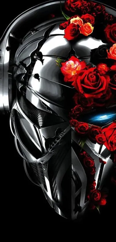 Futuristic helmet with red roses on a dark background.