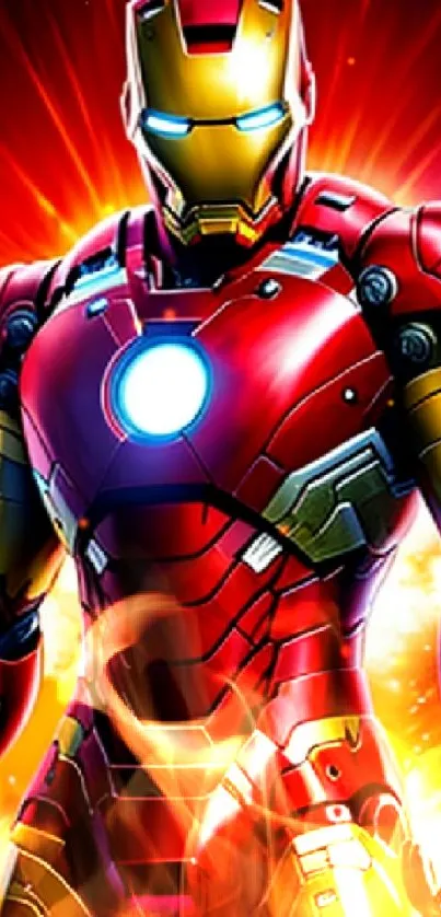 Superhero in red and gold armor with glowing background.