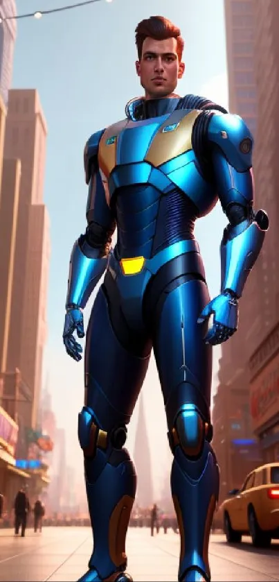 Futuristic hero stands in vibrant cityscape, wearing a sleek blue suit.