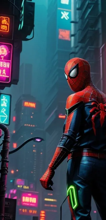 Heroic figure in a neon cyberpunk cityscape with vibrant colors.