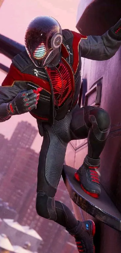 Futuristic hero climbing a building with cityscape background.