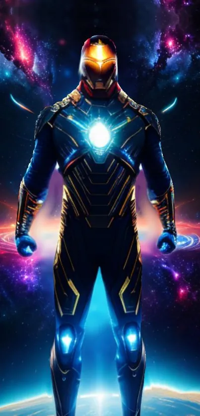 Futuristic hero in glowing cosmic armor amidst galaxy backdrop.