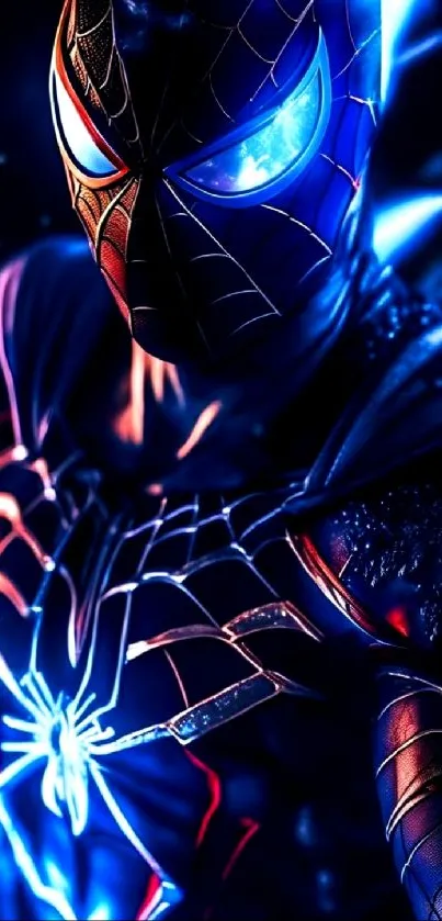 Futuristic superhero with neon blue accents.