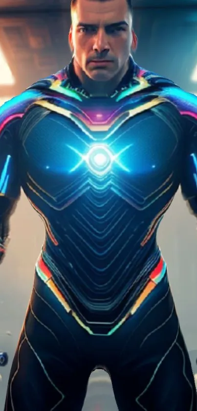 Futuristic hero wearing neon suit in dynamic pose.