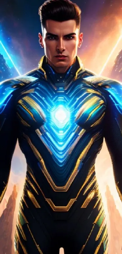 Futuristic hero in glowing blue armor with cosmic background.