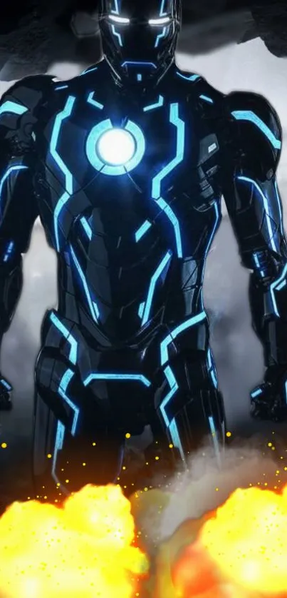 Futuristic hero in glowing blue armor with fiery explosions.