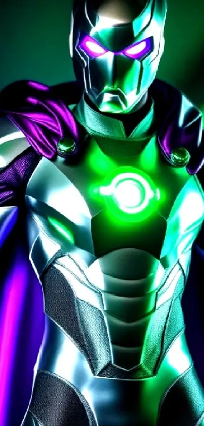 Futuristic superhero in glowing armor and neon lights.