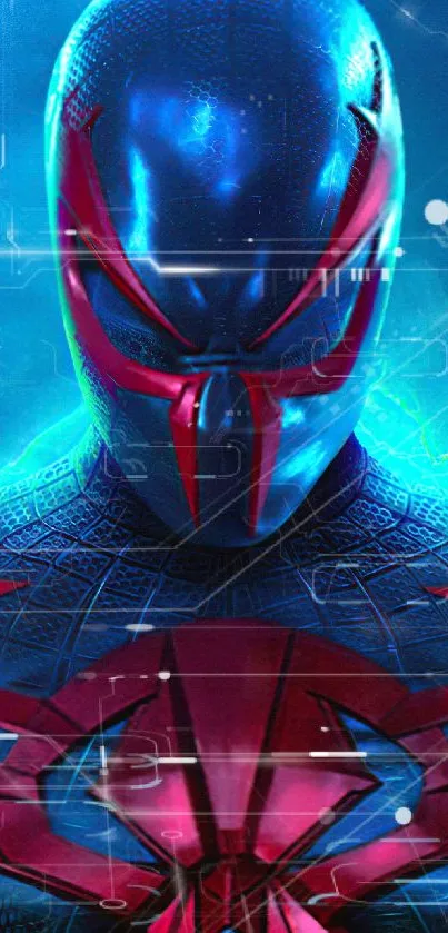 Futuristic superhero in blue and red with lightning background.