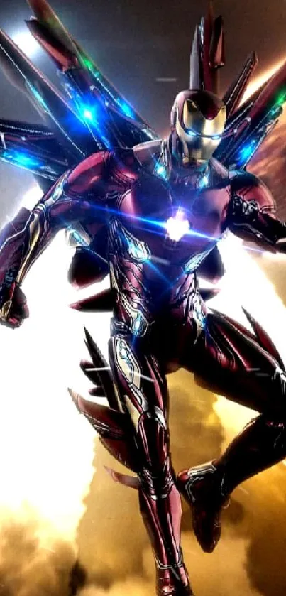 Futuristic armored hero in dynamic pose on mobile wallpaper.