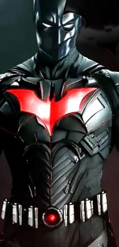 Futuristic hero in a sleek dark suit with red glowing emblem.