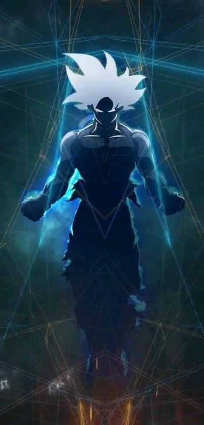 Futuristic hero silhouette with glowing geometric background.