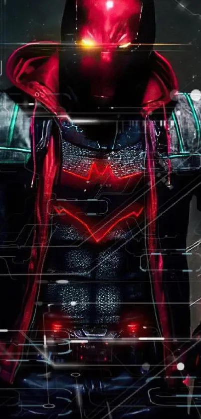 Futuristic armored hero in red and black on a dark mobile wallpaper.