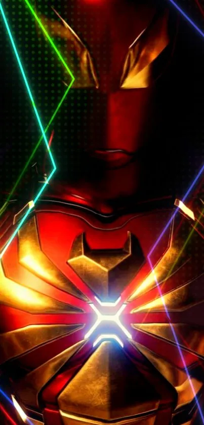 Futuristic hero suit with neon lines and red, gold colors.