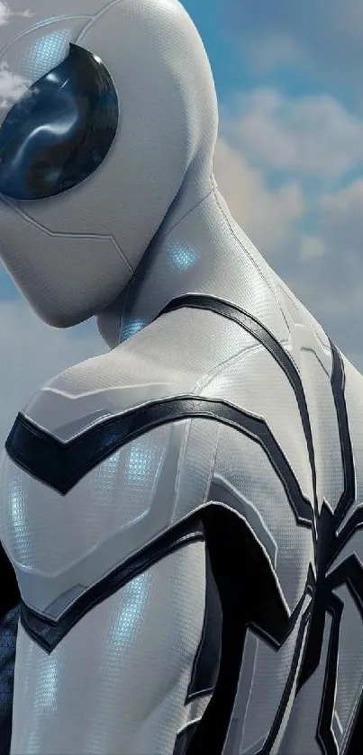 Futuristic superhero in black and silver armor with a cloudy sky background.