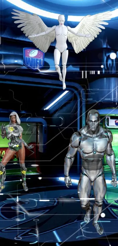 Futuristic heroic figures in neon sci-fi setting.