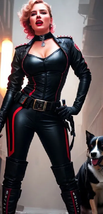 Futuristic heroine in black leather with dog in urban alley.