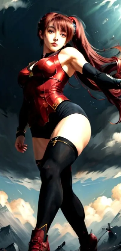 Anime heroine in a dynamic pose with a futuristic backdrop.