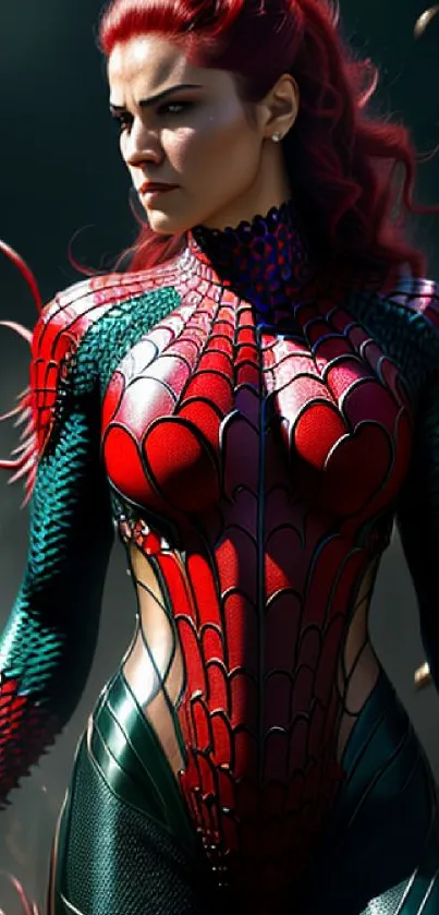 Futuristic heroine with red and green intricate design on a mobile wallpaper.