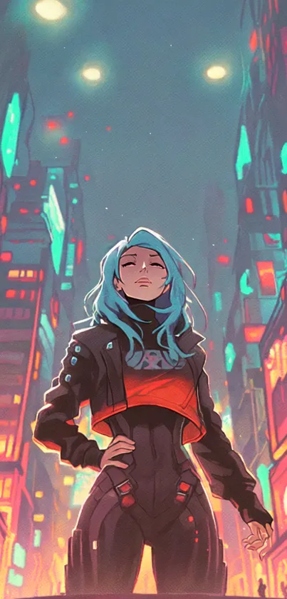 Heroine in cyberpunk cityscape with neon lights.