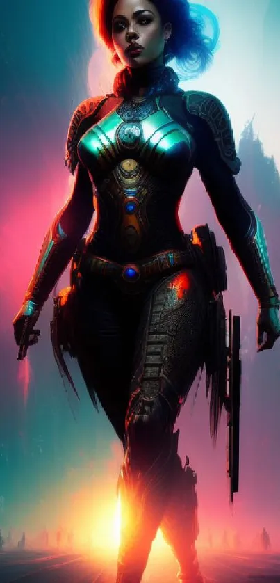 Cyberpunk heroine in futuristic city with vibrant neon lights.
