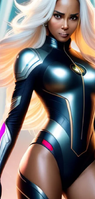 Futuristic heroine in cosmic armor with glowing background for phones.