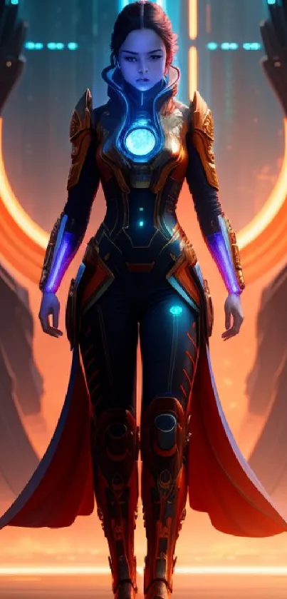 Futuristic heroine in sci-fi armor with neon colors.