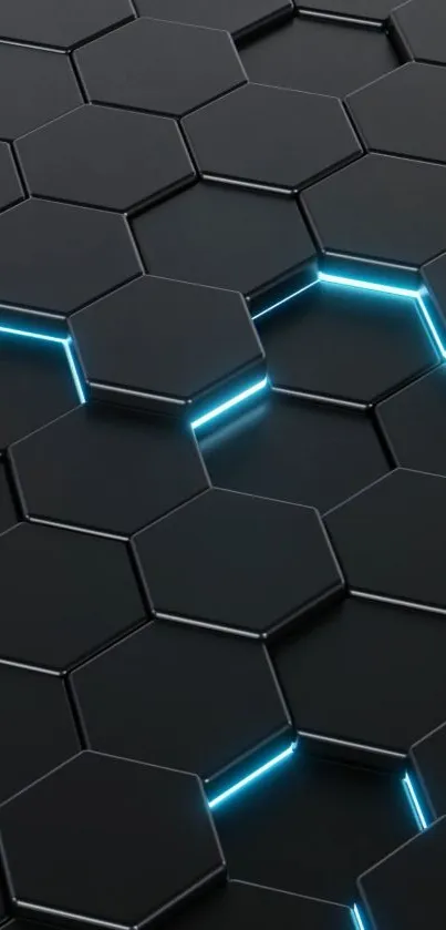 Futuristic hexagon pattern with blue neon glow on a dark background.