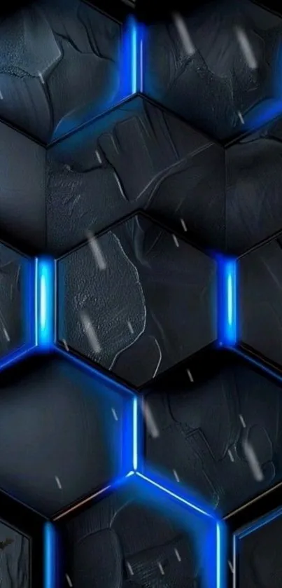 Futuristic black wallpaper with glowing blue hexagons.