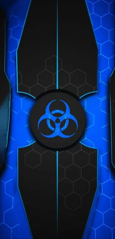 Futuristic blue mobile wallpaper with biohazard symbol and hexagonal pattern.