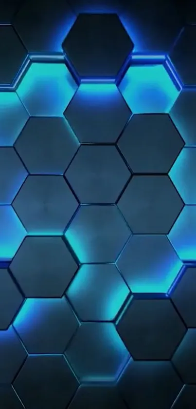 Futuristic hexagonal pattern with glowing blue effects in a dark theme.