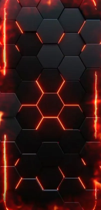 Futuristic hexagon wallpaper with fiery red accents and black tiles.