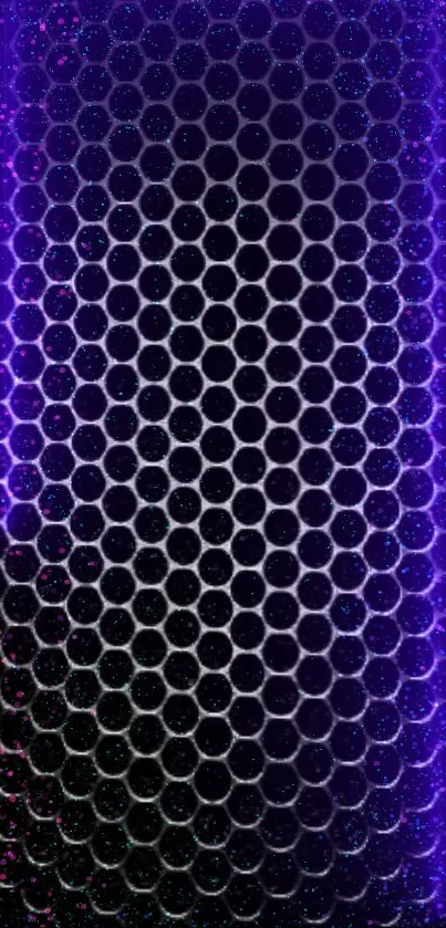 Futuristic hexagonal wallpaper with purple glow and metallic texture.