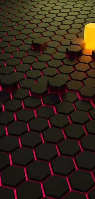 Futuristic hexagon pattern with neon glow and yellow highlight.