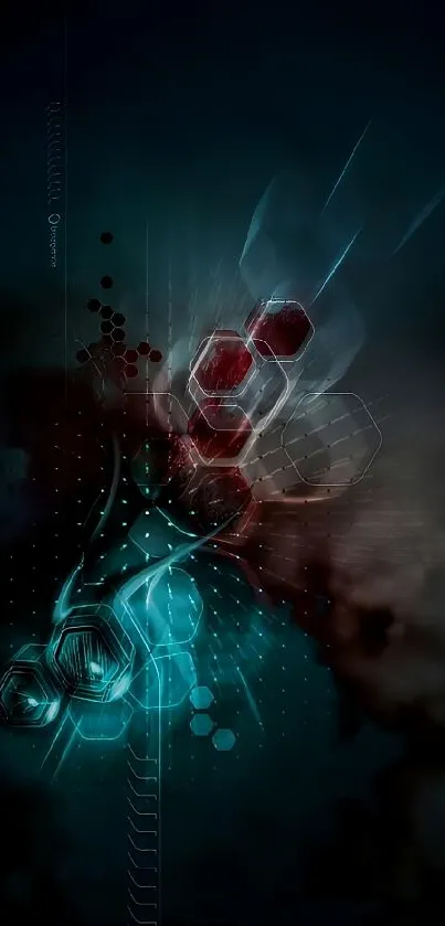 Futuristic mobile wallpaper with glowing hexagon design on a dark background.