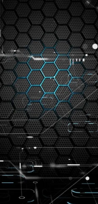 Futuristic hexagon wallpaper with neon blue accents.